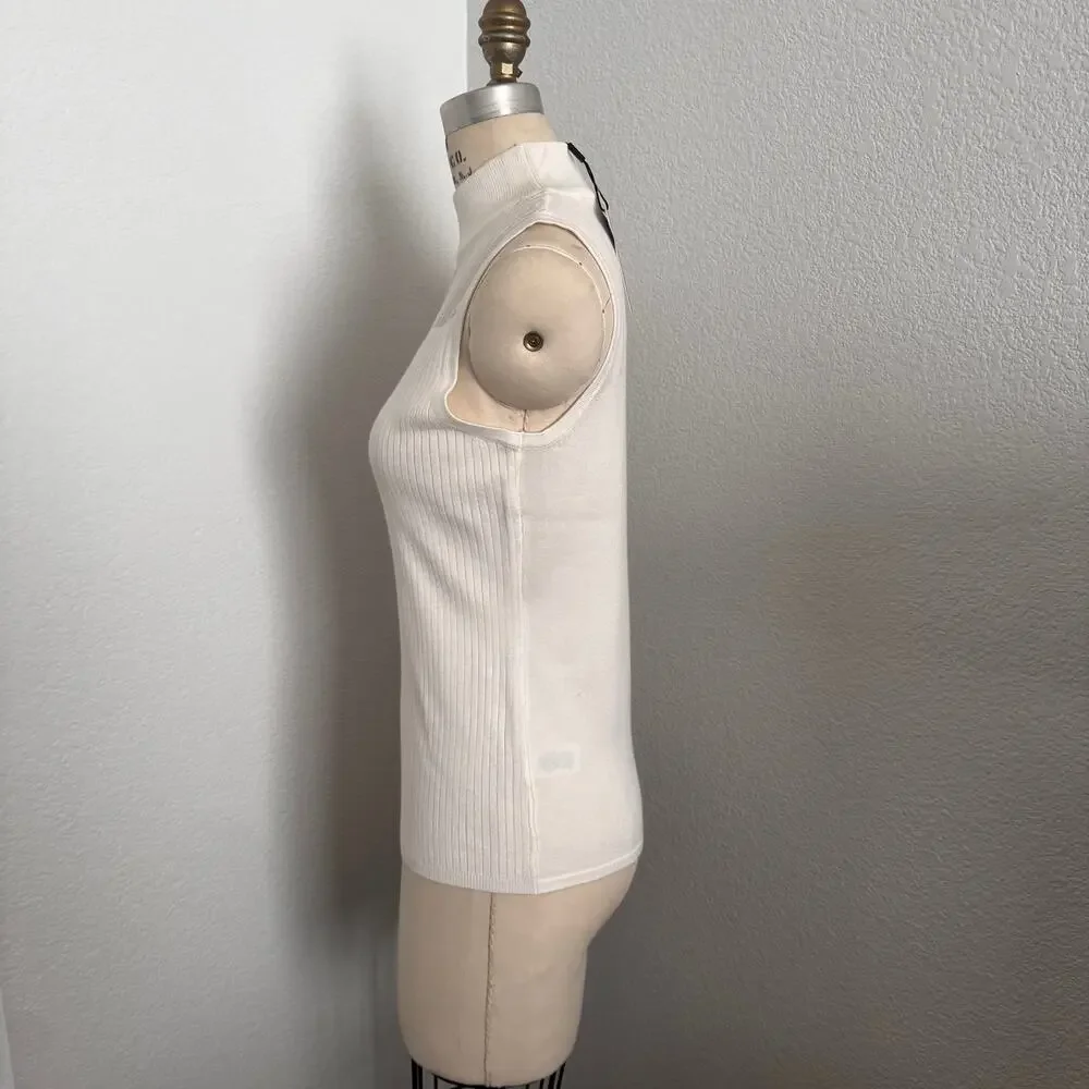 NWT Tahari Ivory Ribbed Knit Sheer Mesh Yoke Sleeveless Top Size Large - Picture 4 of 9
